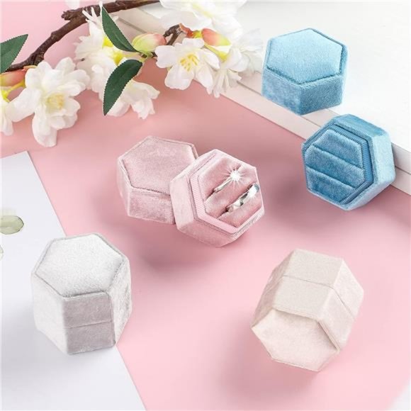 Velvet Jewelry Ring Box, Hexagon Premium Gorgeous Vintage Double Ring Gift Box - Picture 5 of 7